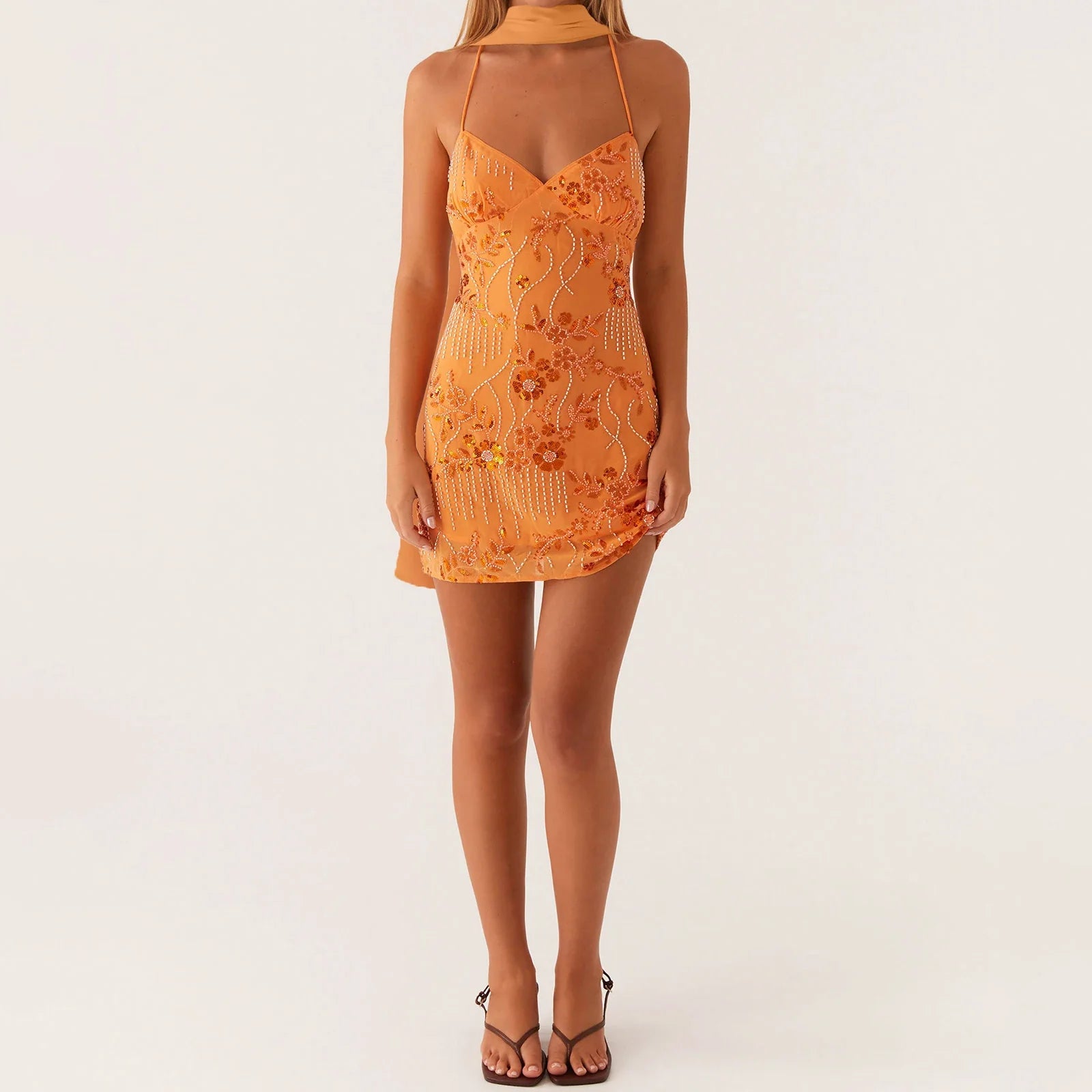 Women's Summer Sequined Flower Embroidery Beaded Bodycon Mini Dress Sleeveless Spaghetti Strap V Neck Night Out Dress with Scarf