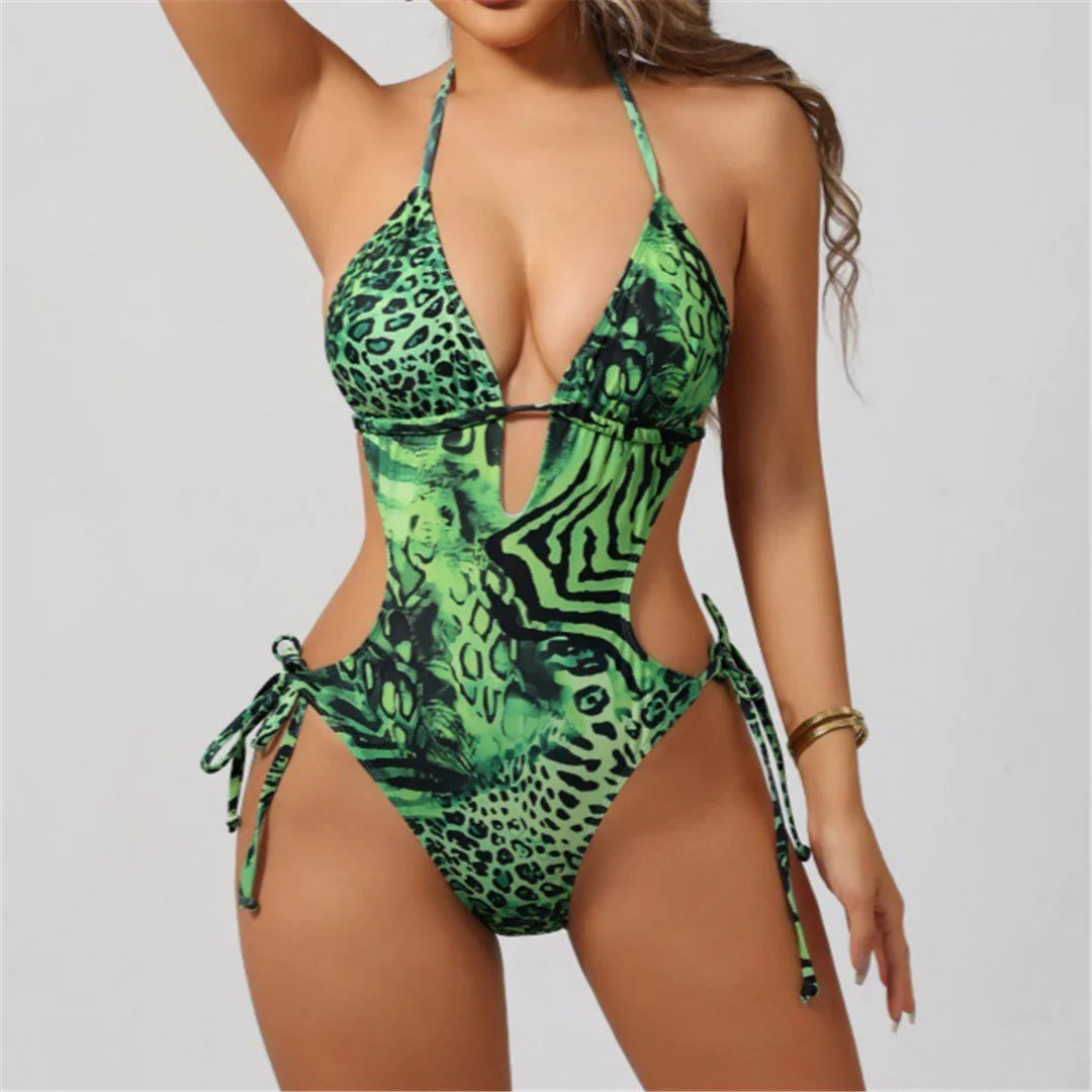 Sexy S - XL Leopard Halter Deep V Neck Cut Out Women Swimwear One Piece Swimsuit Female Backless Bather Bathing Suit Swim V7426