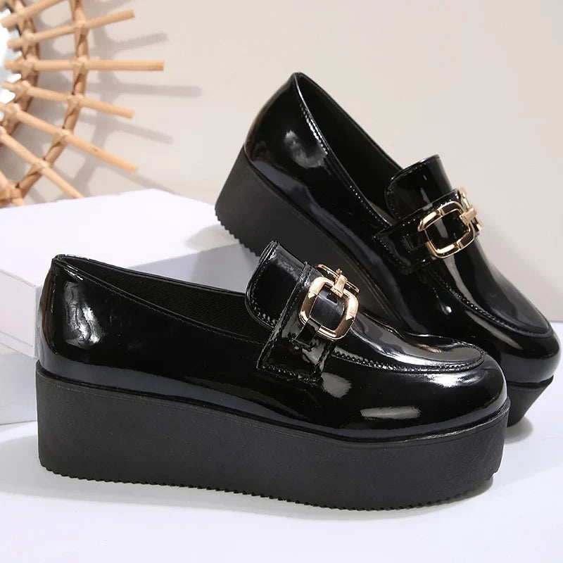 Black Chunky Wedges Loafers Shoes for Women Fashion Metal Chain Slip On Platform Shoes Woman Plus Size Patent Leather Shoes 43