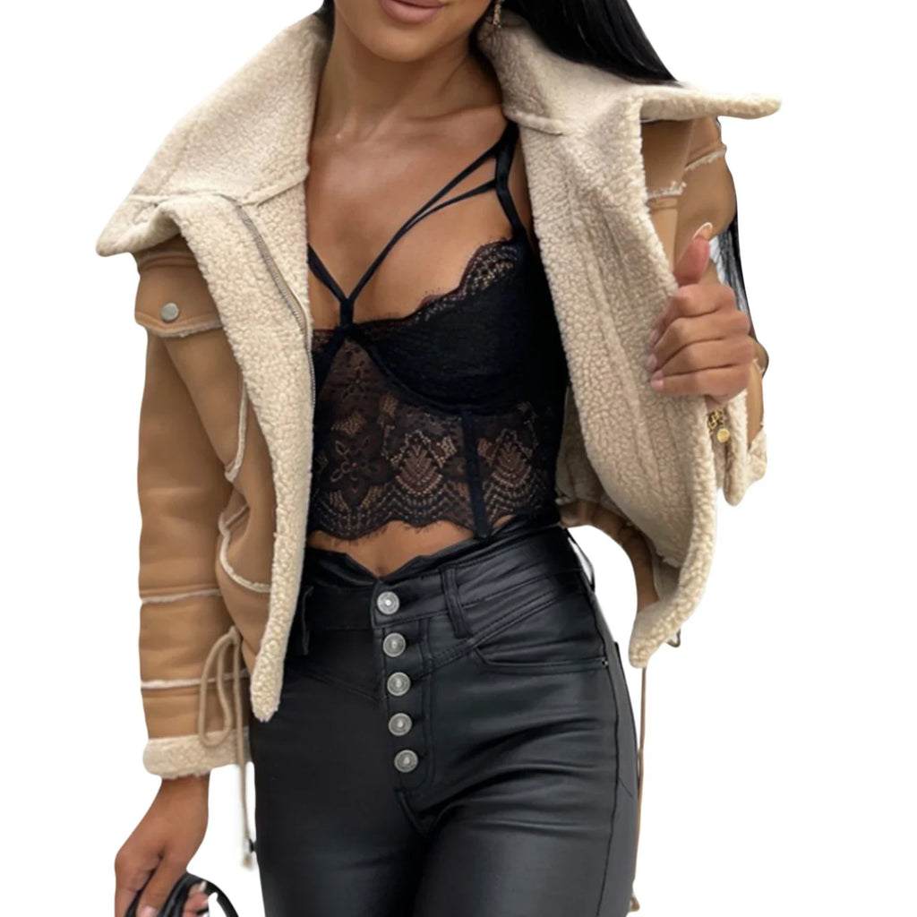 Women Winter Jacket Solid Color Street Coat Long Sleeve Zipper Closure Patchwork Warm Outwear with Pockets