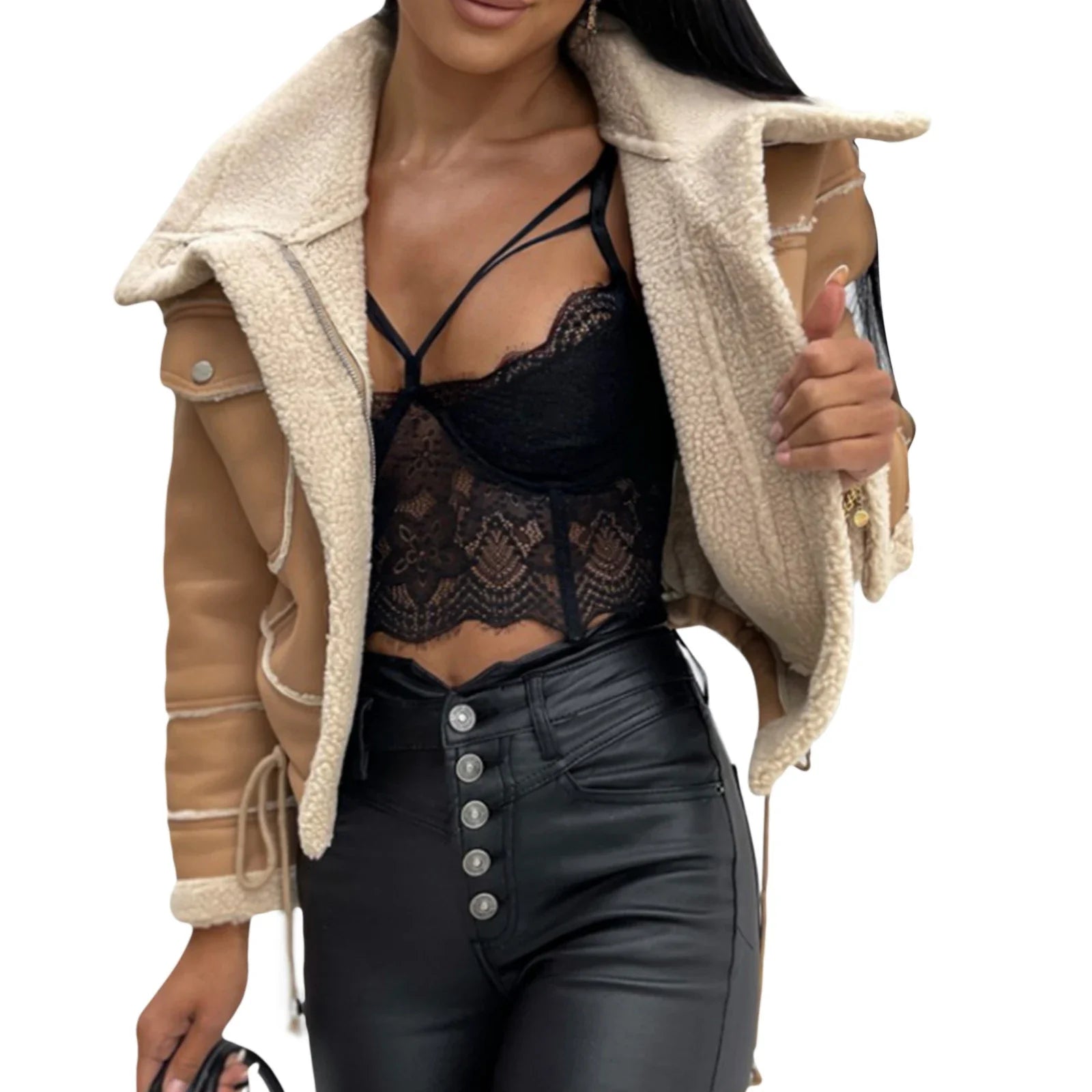 Women Winter Jacket Solid Color Street Coat Long Sleeve Zipper Closure Patchwork Warm Outwear with Pockets