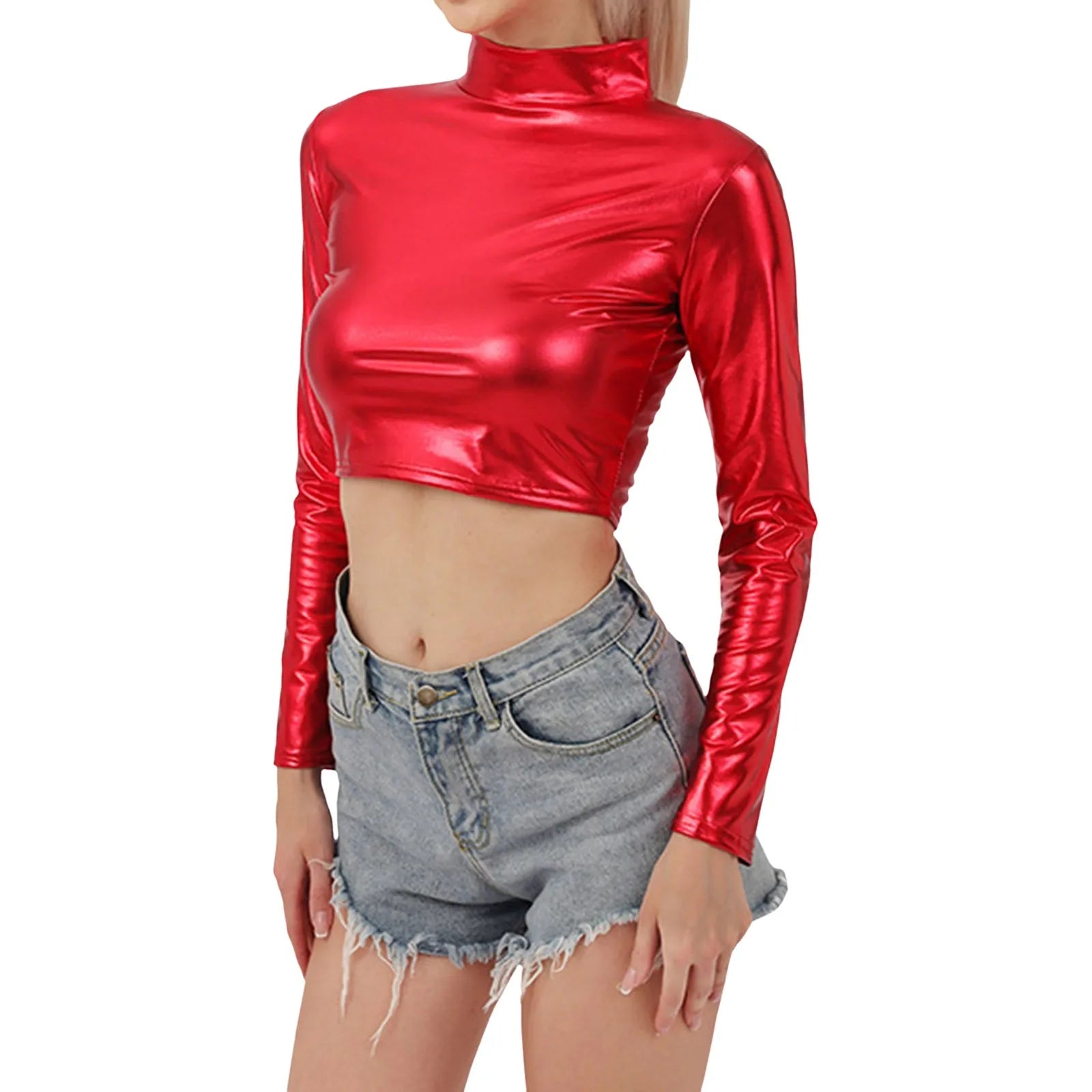 Women Metallic Long Sleeve Crop Tops Shiny Stretch Mock Neck T Shirt Dance Clubwear Ladies Slim Fit Blouses Gold Silver Costumes