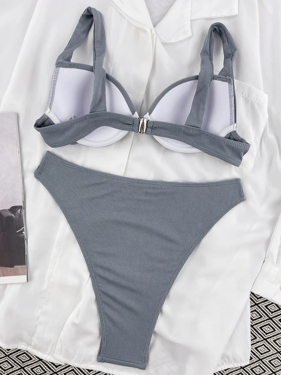 Sexy Ribbed Bra Cup High Waist Bikini Women Swimsuit Female Swimwear Two Pieces Bikini set Push Up Bather Bathing Suit Swim Lady