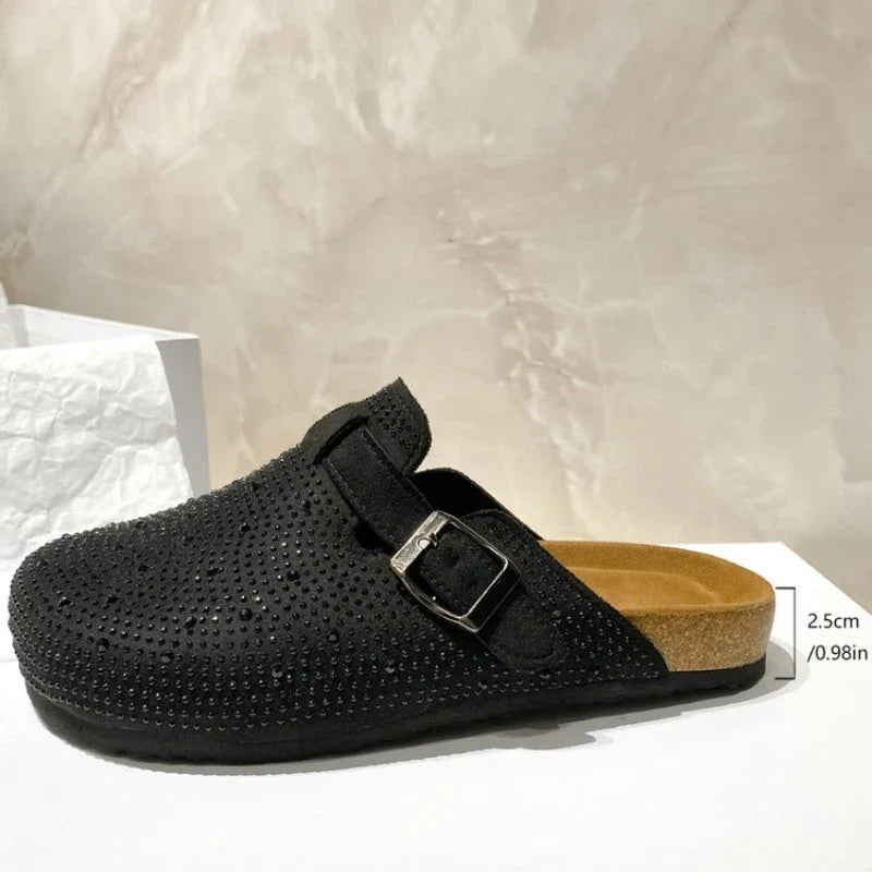 Shiny Rhinestones Outdoor Slippers Women's Shoes 2026 Summer Trend Luxury Platform Sandals Black Buckle Cork Clog Luxury Mules