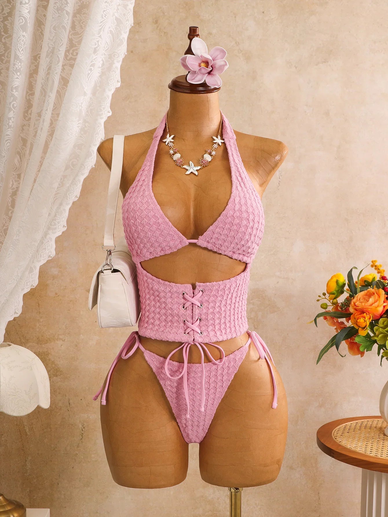 Sexy Black Plaid Print Holiday Bikinis Sets 2026 Women Bandage Cross Fishbone Top 3 Piece Swimsuit Summer Bathing Suit Swimwear