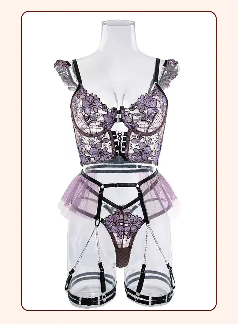 Erotic Sexy Lingerie Women Floral Transparent Lace Bra and Panty Set Underwear with Garter Intimate Outfits Bodysuits