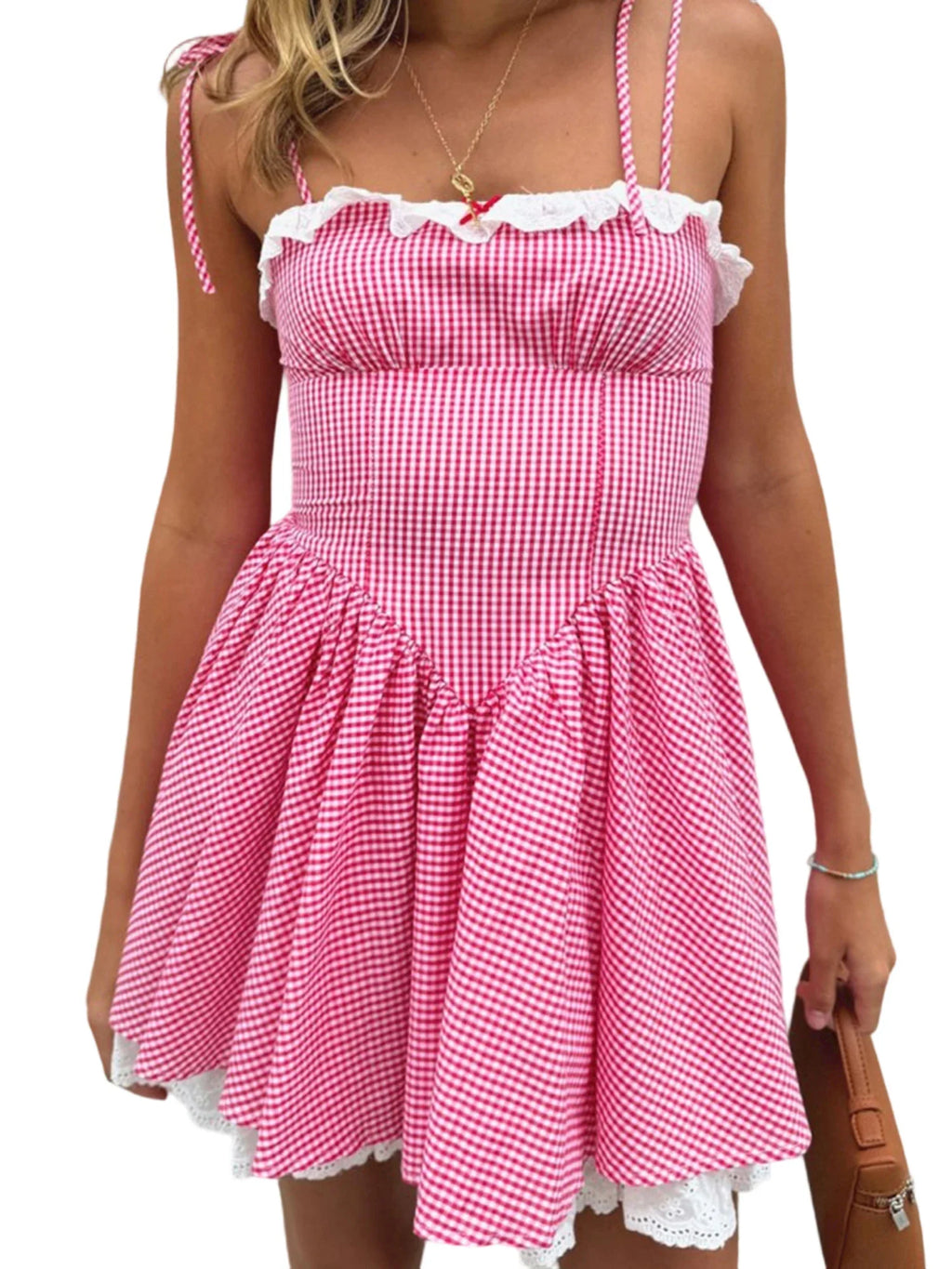 Summer Plaid Mini Cami Dress for Women Fashion Slim Ruffle Trim Tie-up Spaghetti Strap A-line Dresses for Daily Party