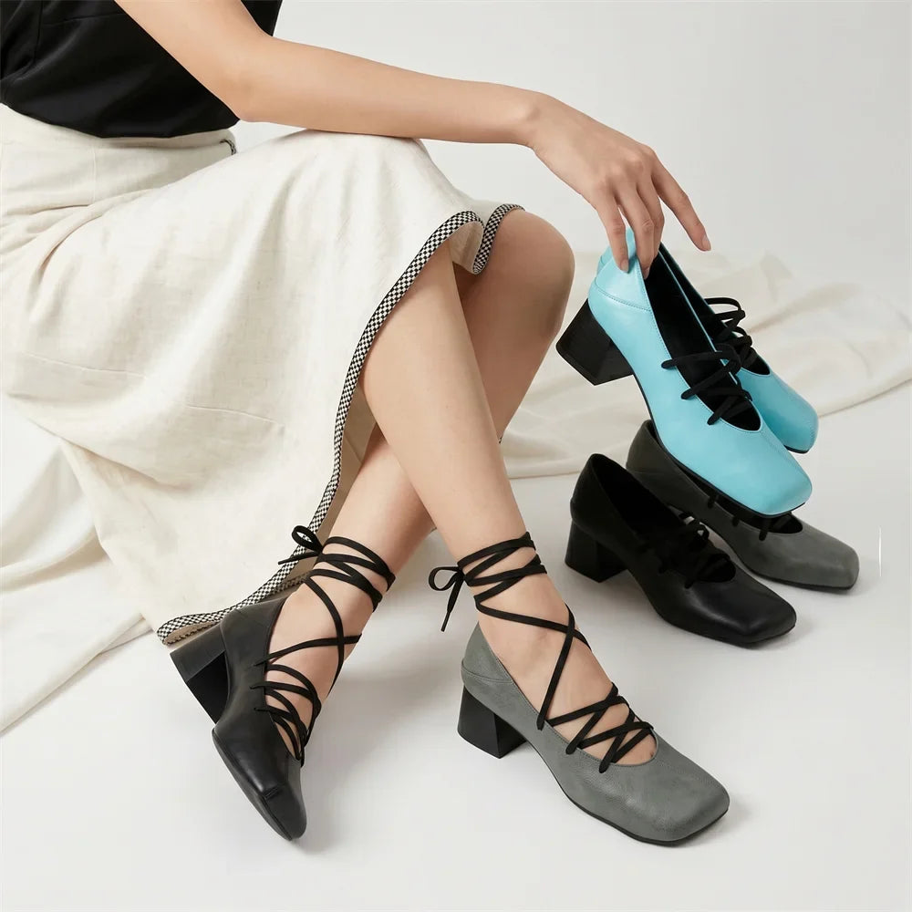Plus Size 52 Retro Lace Up Ankle Wrap Mary Jane Heels Women Shoes Square Toe Faux Leather Chunky Block Mid Heel Vintage Pumps