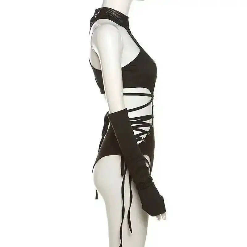 Hollow Out Sexy Cyber Y2k Bodysuits Gothic Mesh Patchwork Tops Female Glove Sleeve Mock Neck Bodysuit Fashion P4ZQ