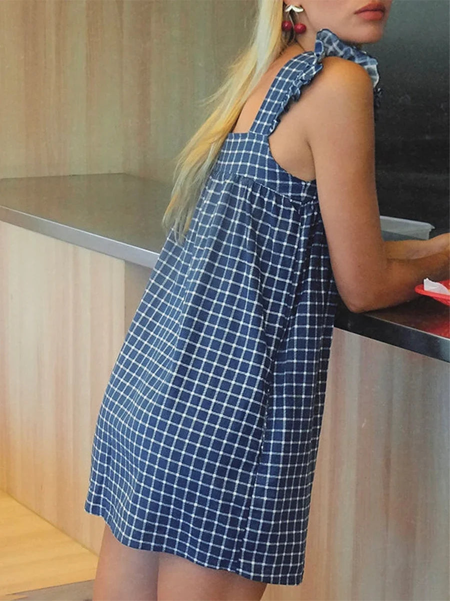Summer Mini Plaid Print A line Dress for Women Sleeveless Ruffle Trim Square Neck Loose Fitting Cami Dress With Pocket