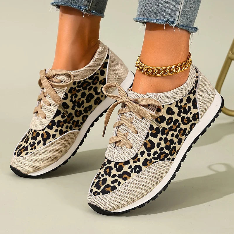 Plus Size 43 Leopard Print Platform Sneakers Women 2026 Breathable Lace Up Casual Flat Shoes Woman Non Slip Flats Walking Shoes