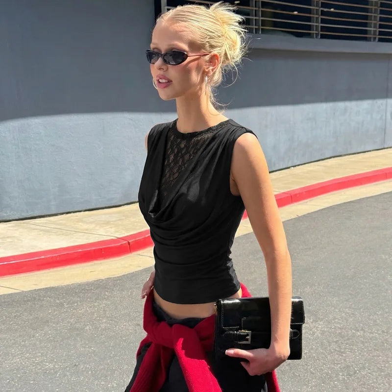 FDYOUI Elegant Lace Patchwork Tank Tops 2026 Summer See-through Sleeveless T-shirt Ladies Folds Slim Corset Crop Top High Street