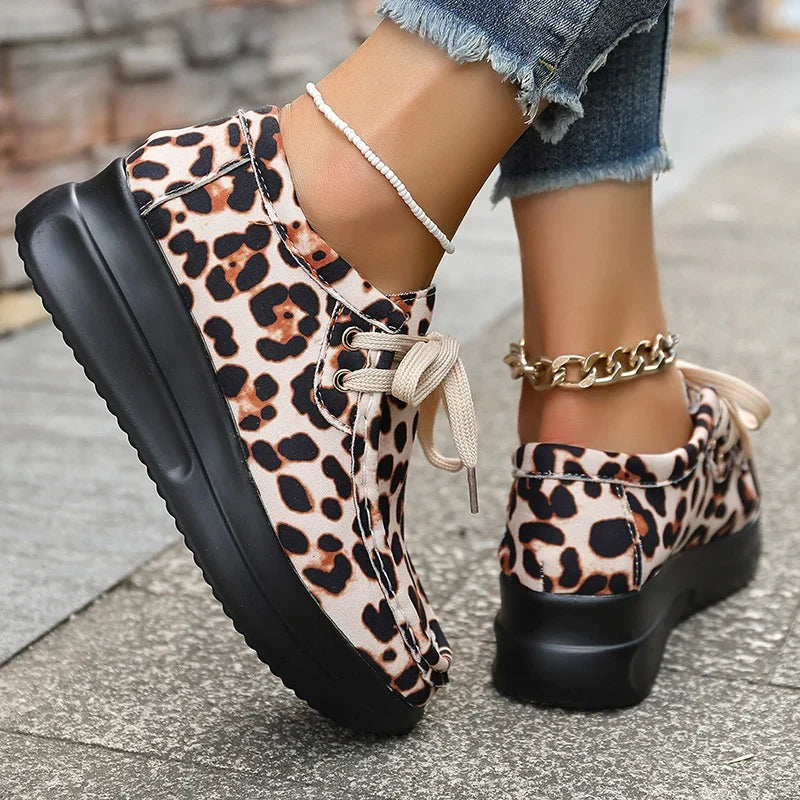 Fashion Leopard Print Platform Sneakers Women Plus Size 43 Lace Up Thick Sole Casual Shoes Woman Non Slip Sport Walking Shoes