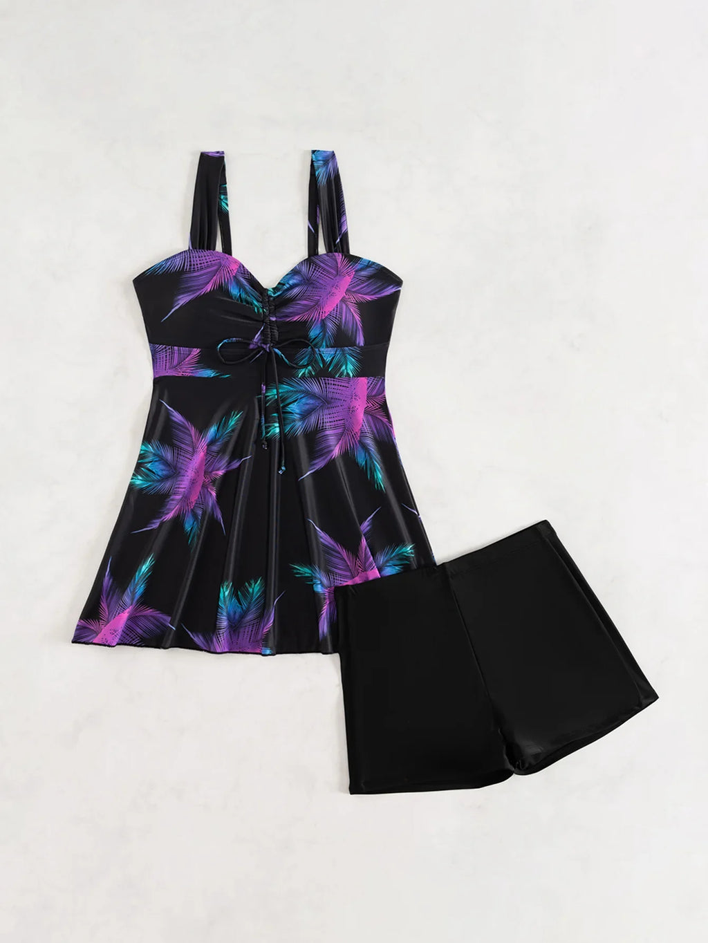 Vintage Black Flower Print Skirt Bikini Set 2026 Front Bow Crop Top Bathing Suit Swimwear Women's High Waist Swimsuit Tankini