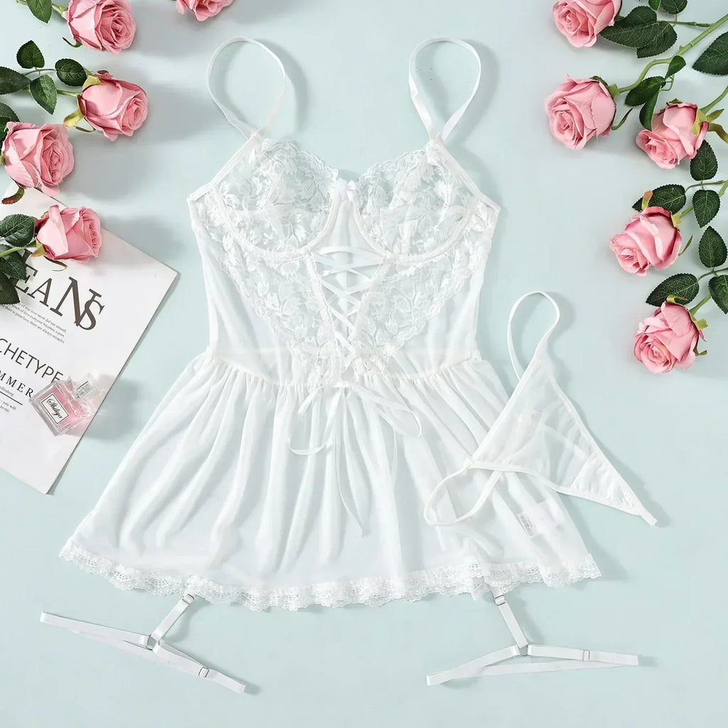 1pc Sexy Lace Trimmed Milk Silk Nightgown, Comfortable Lingerie
