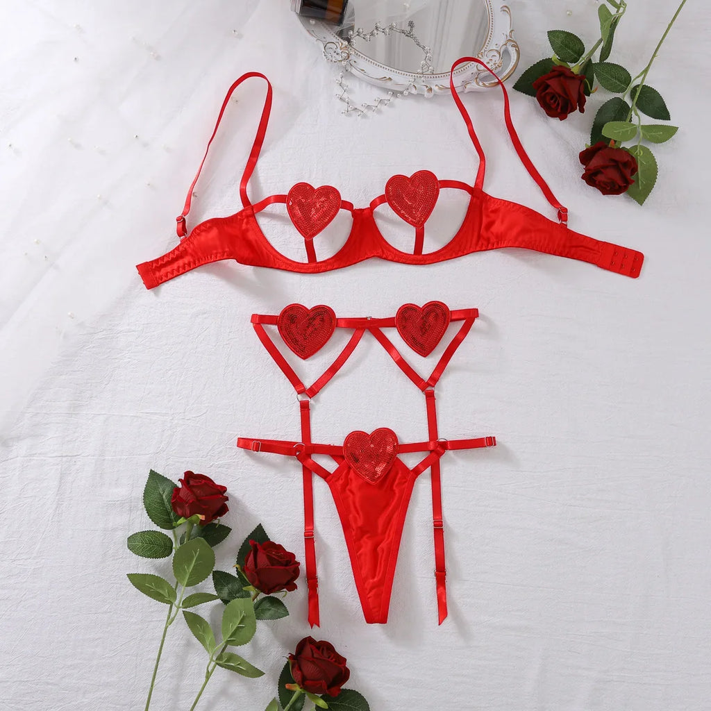 Toucheart Erotic Love Lingerie Panty Garters Patchwork 3PCS Skinny Backless Delicate Hot Women Seductive Intimate Underwear Set