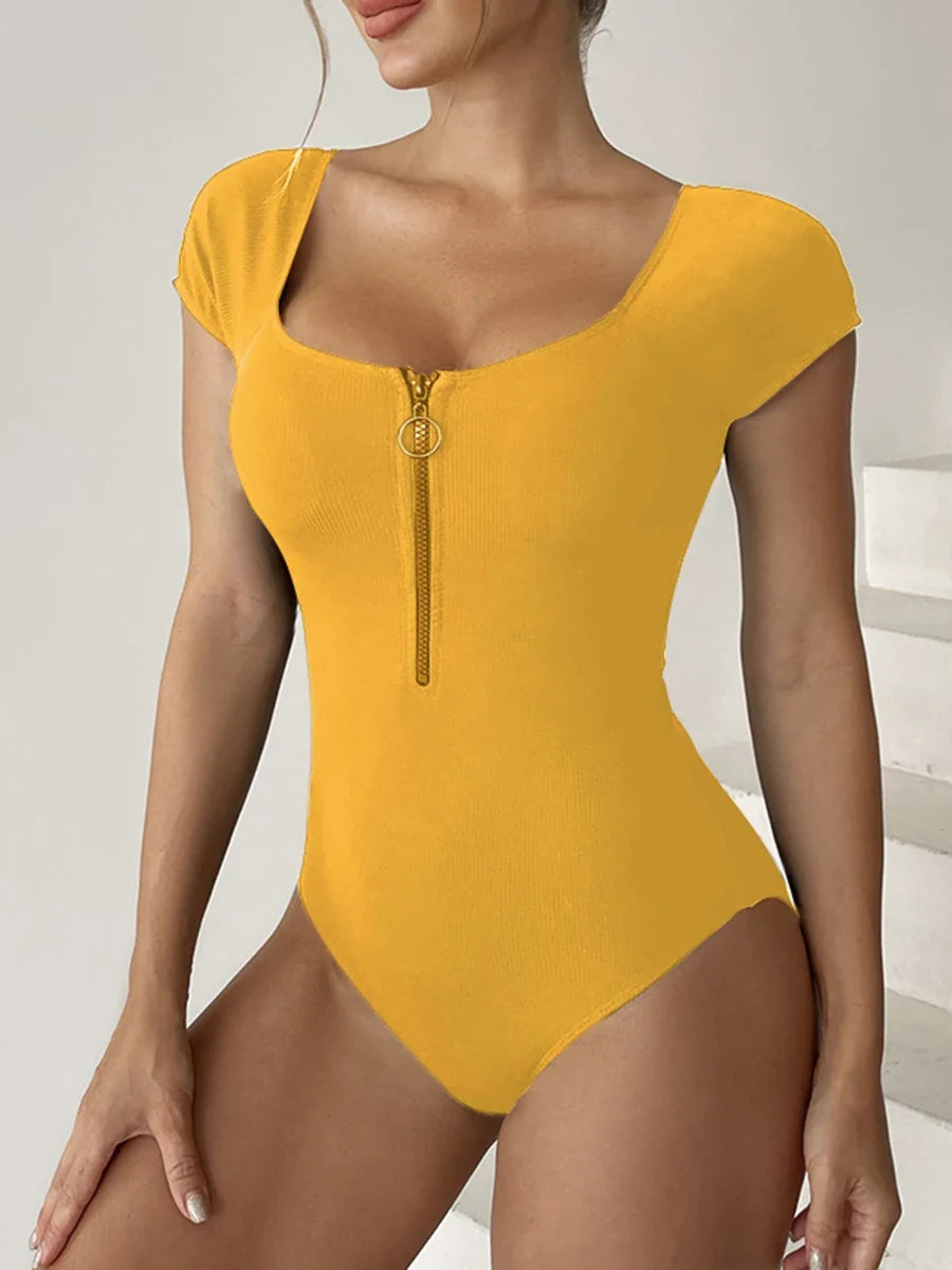 2026 Short Sleeve Swimsuit Women One Piece Solid Swimwear Female Zipper Bathers Bathing Swimming Suit Summer Beachwear Bodysuit