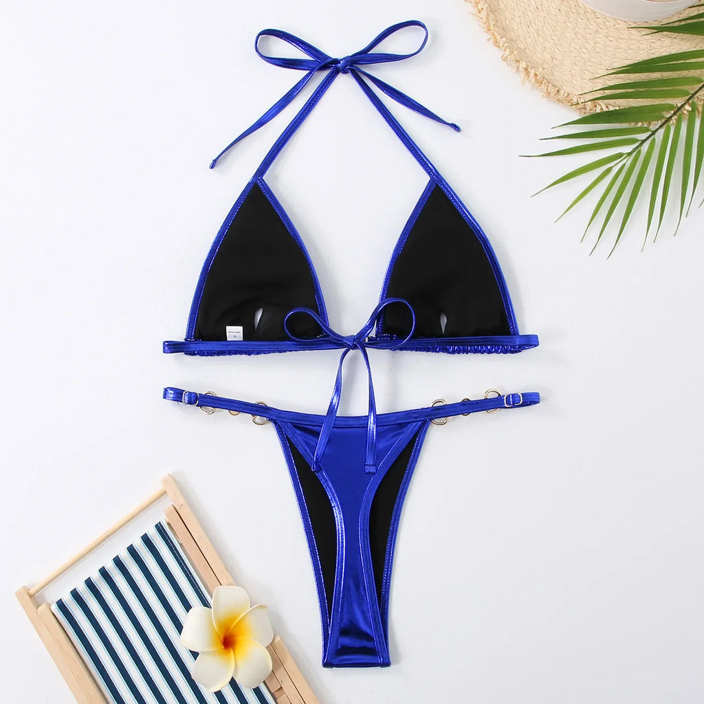PU Leather Pearls Bikini Mini Micro Thong Bikinis Women Swimwear Female Swimsuit Two-piece Bikini Set Halter Bathing Suit Swim