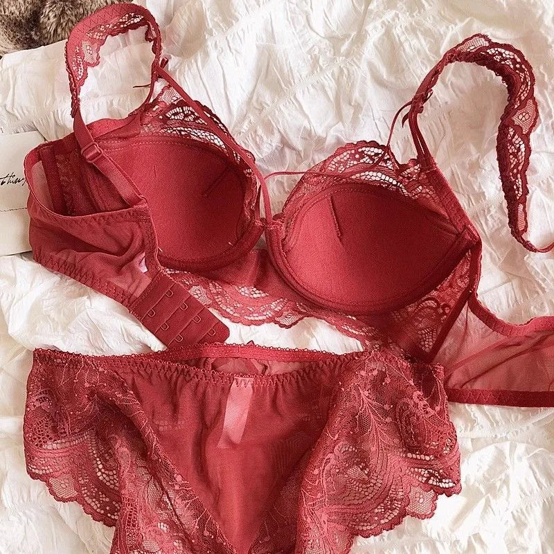 MOYISU Minimizer Bra French Lace for Large Bust, Anti Sagging Full Coverage Push Up Underwire Set, Sensuous Women Sexy Bra & Set