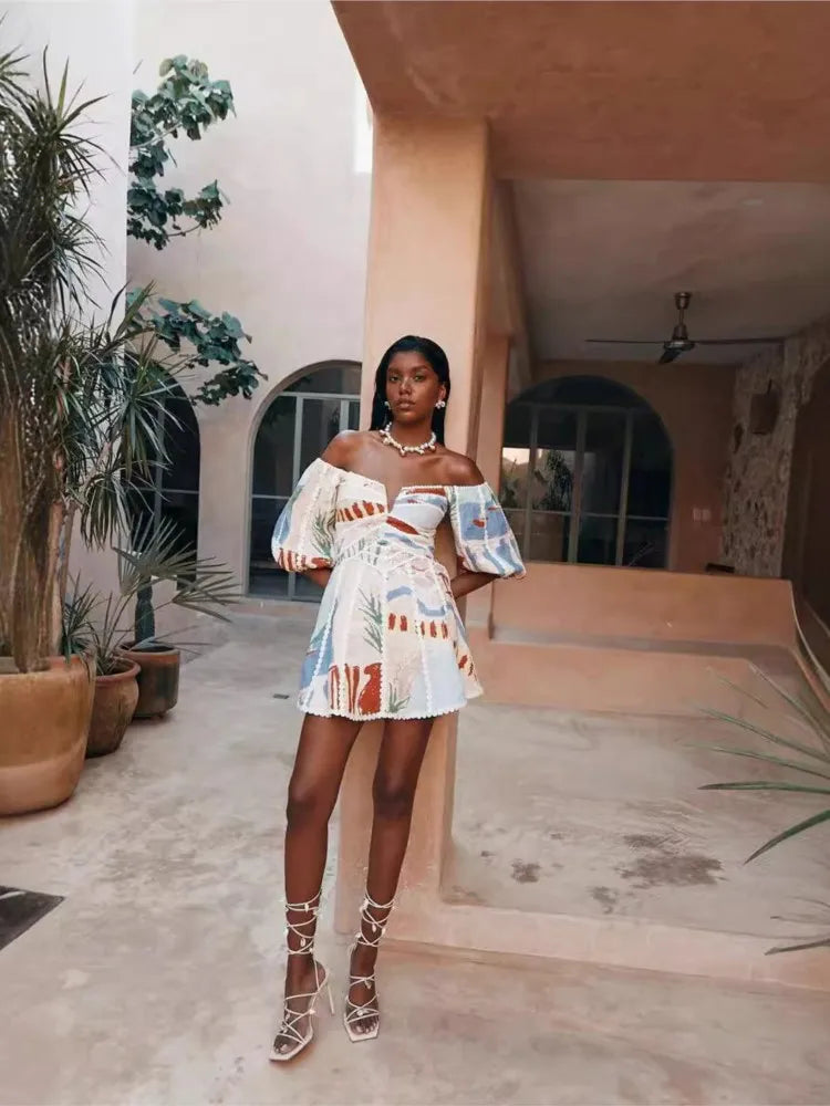 Women Vintage Print Patchwork Mini Dress Summer Sexy Fashion Elegant Short Sleeve Bodycon Off Shoulder Backless Party Dresses