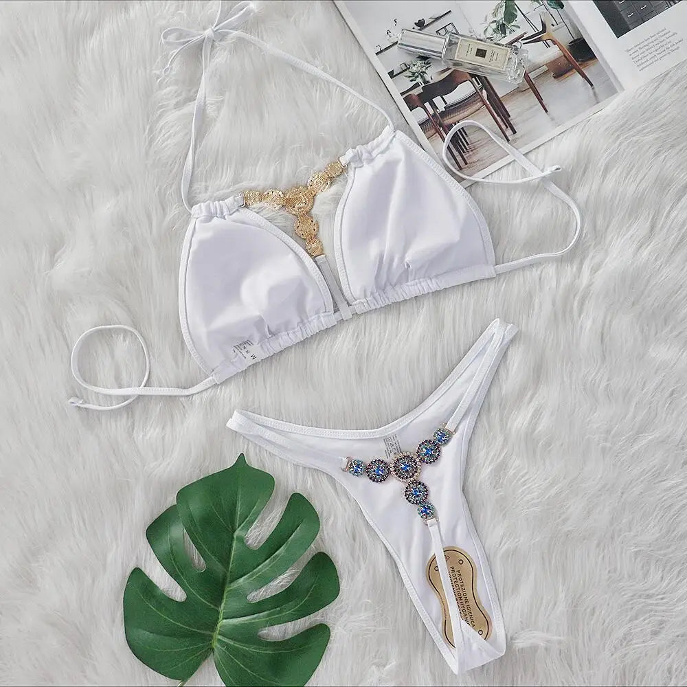 Extreme Mini Micro String Diamond Bikini Women Swimsuit Female Triangle Swimwear Two Pieces Bikini Set Halter Bathing Suit Swim