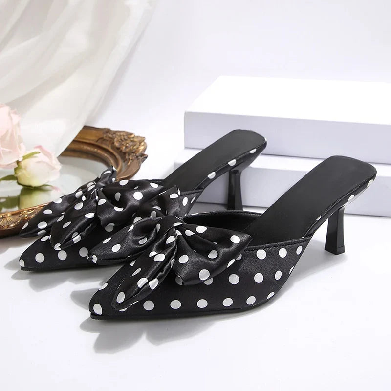 Elegant Polka Dot Bowknot High Heels Sandals Women Fashion Pointed Toe Thin Heel Mules Shoes Woman Plus Size Dress Party Shoes
