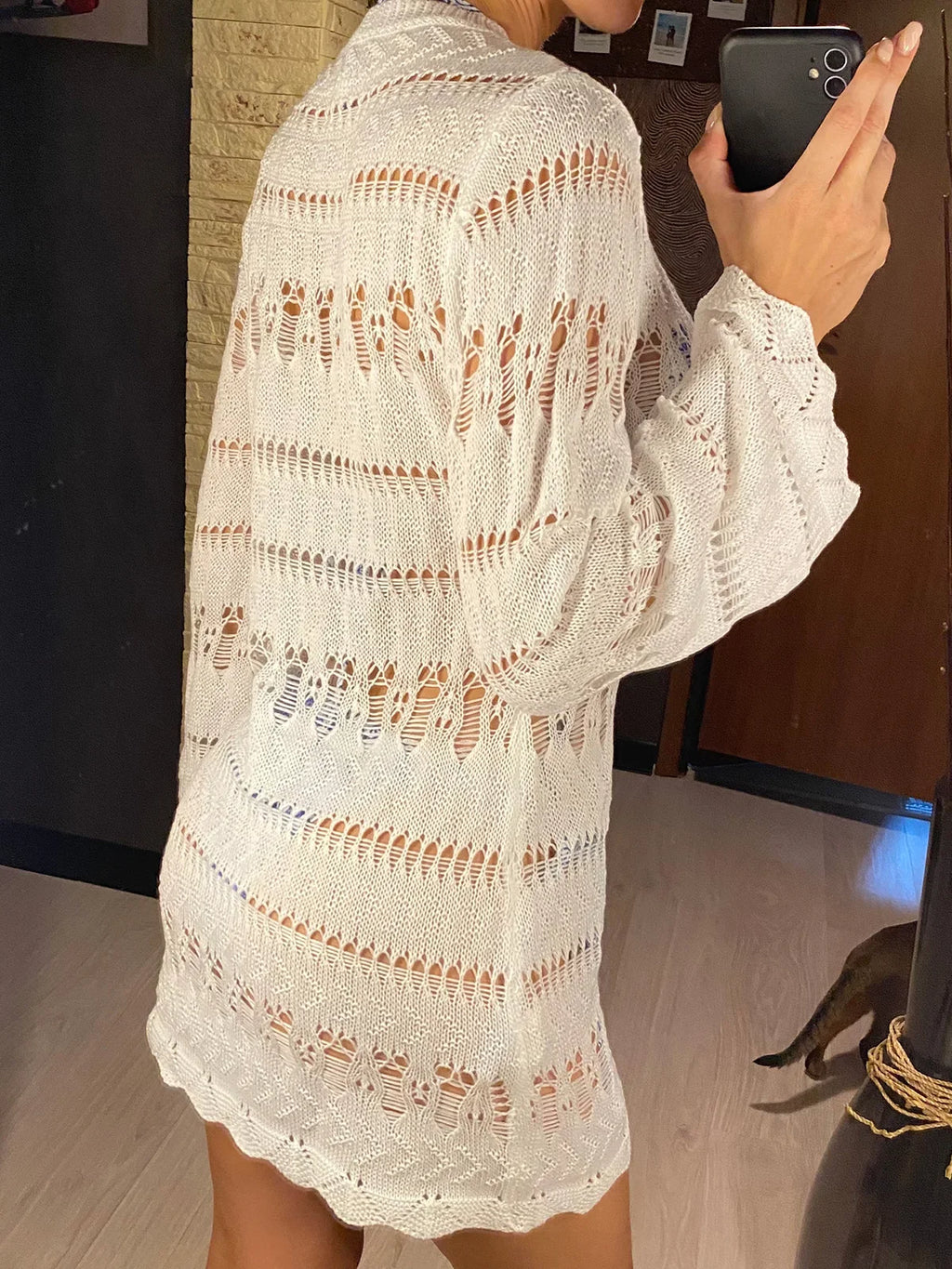 S - XL Long Sleeve Hollow Out Crochet Knitted Tunic Beach Cover Up Cover-ups Beach Dress Beach Wear Beachwear Female Women K5542