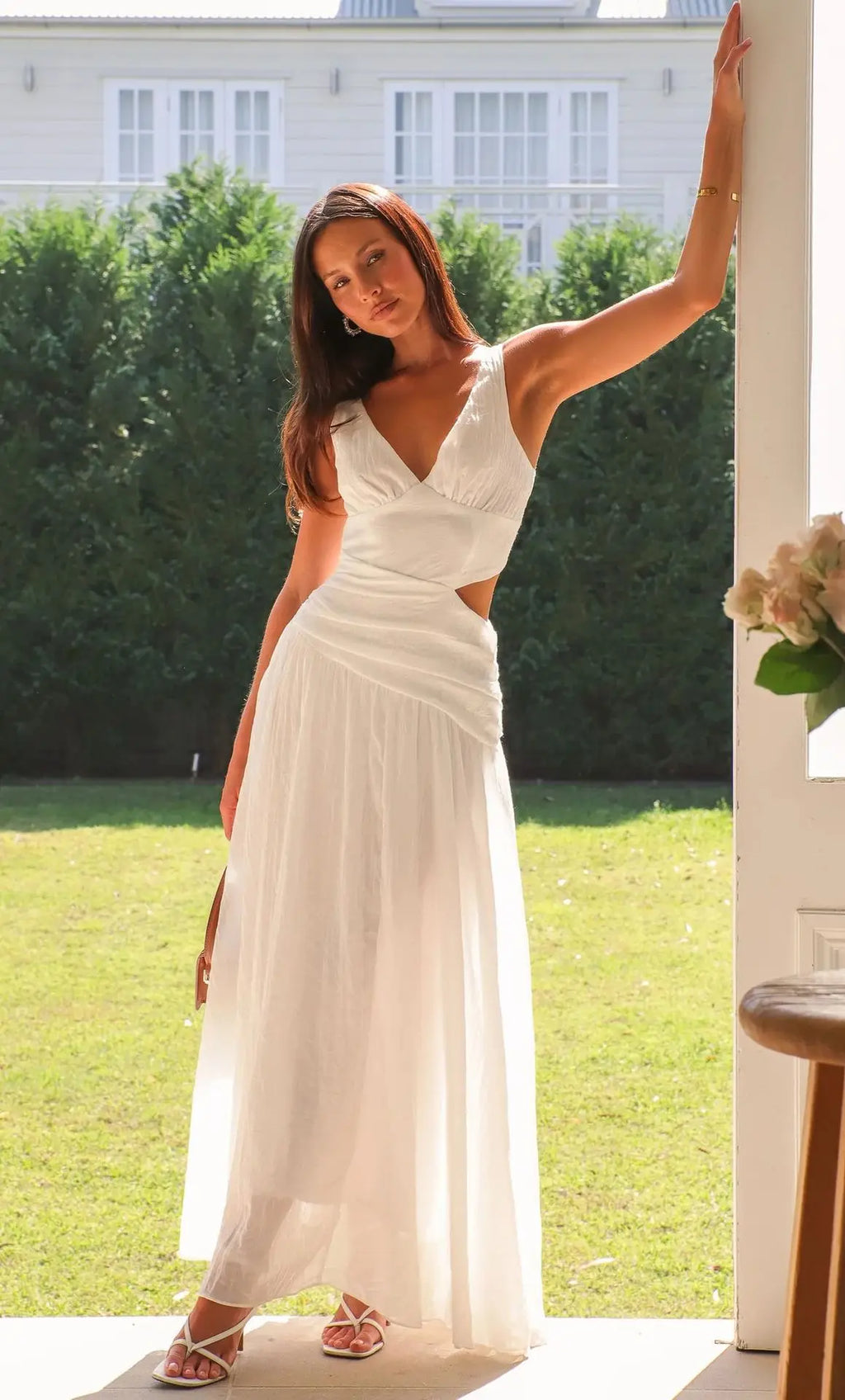 Foridol White Long Dress for Women V Neck Waist Cut Out Tank Beach Dresses New in Summer Spring Long Vestidos Casual Party Dress