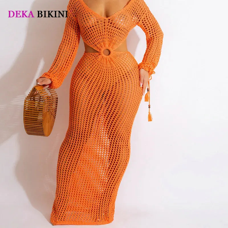DEKA Women Knitted Backless Cover Up Swimsuit Long-sleeved Crochet Hollow Out Dress Summer Beach Vacation Outfit Beach Dress