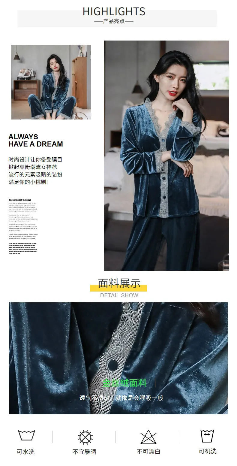 Pajamas gold velvet long sleeve lace cardigan set sexy home wear
