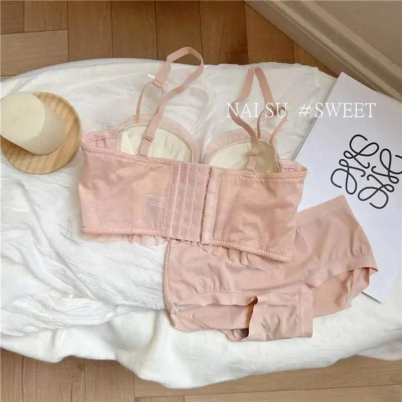 Sexy Lolita Bra Set for Women Wireless Push Up Bralette Lace Sexy Lingerie Set for Small Bust Gathering No Underwire MOYISU S-XL