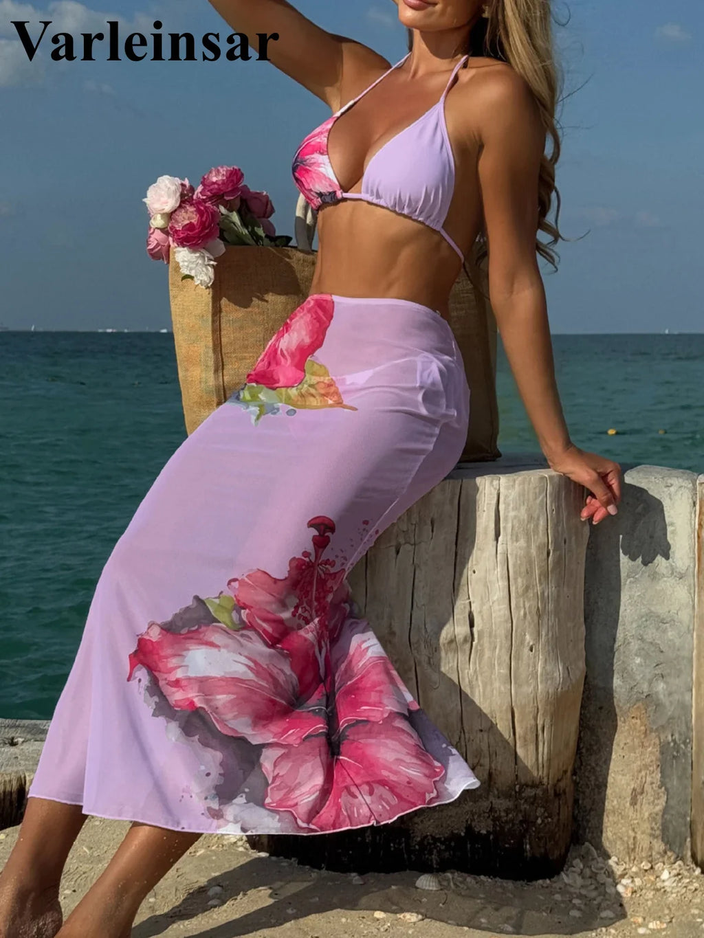 10 Color Flowers Halter Bikini Female Swimsuit Women Swimwear Three-pieces Bikini set With Skirt Bather Bathing Suit Swim V6637C
