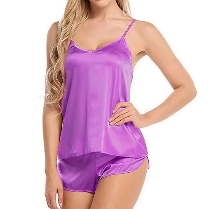 Women Satin Pajama Shorts Sets Mujer Strap Sleeveless Sexy Sleepwear Suit 2PCS  V-Neck Cami Top Short Lingerie Female Nightwear