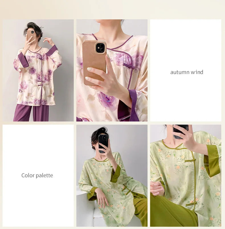 Plus size mother's cotton silk pajamas spring and summer new Chinese style can be worn outside home clothes Mother's Day gift
