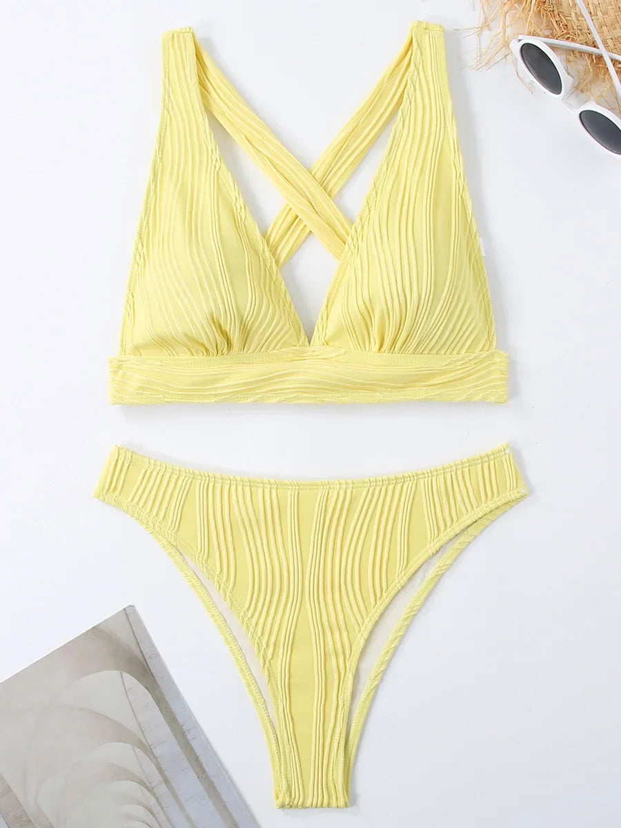 2025 Wrinkled Crinkled Bikini Women Swimwear Female Swimsuit Two-pieces Bikini Set High Cut Bathing Suit Swim Beach Wear Lady