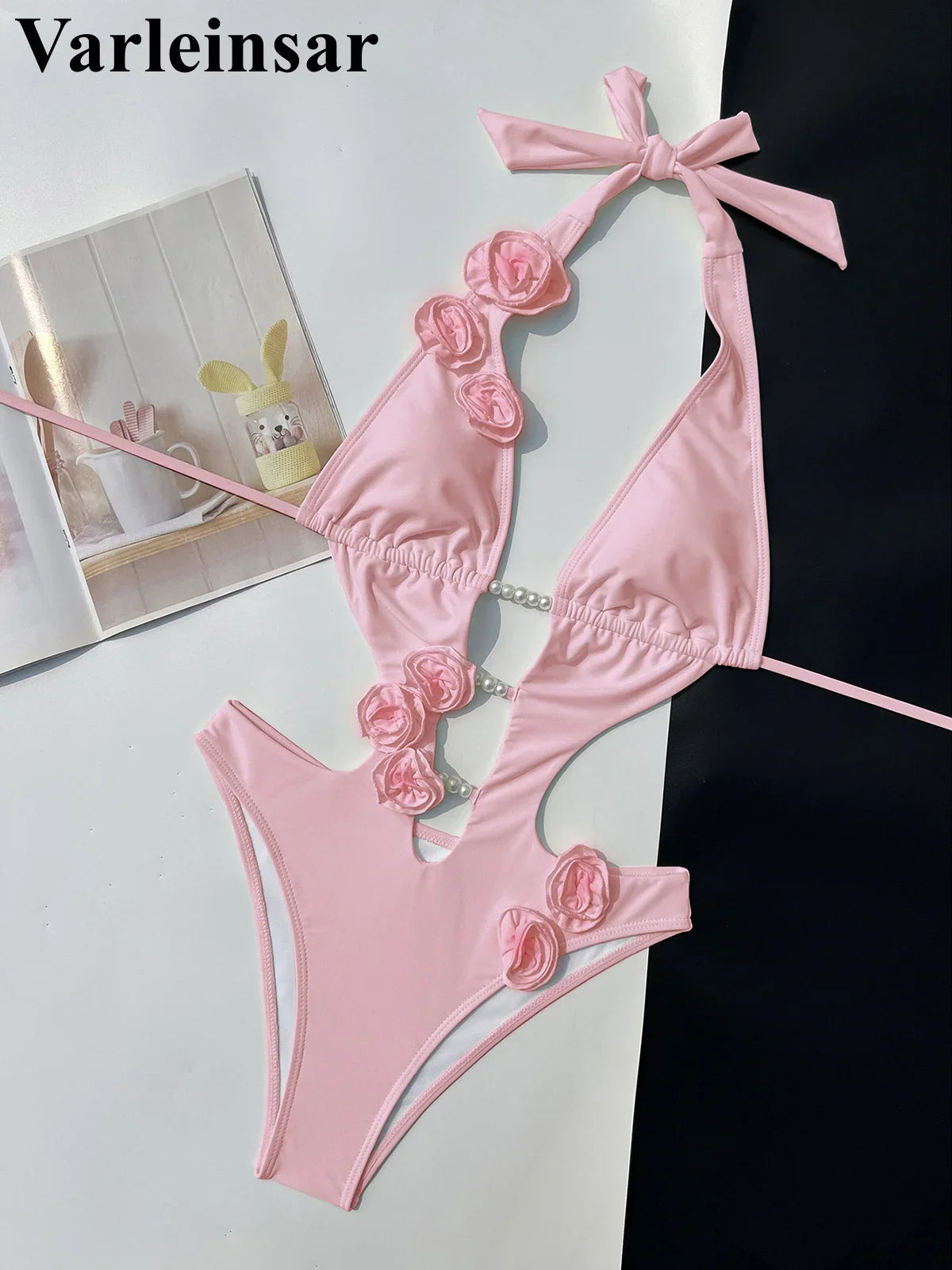 Pink Red Bather Bathing Suit Swim 3D Flower Deep V Neck One Piece Swimsuit Women Swimwear Female High Cut Leg Monokini V6986P