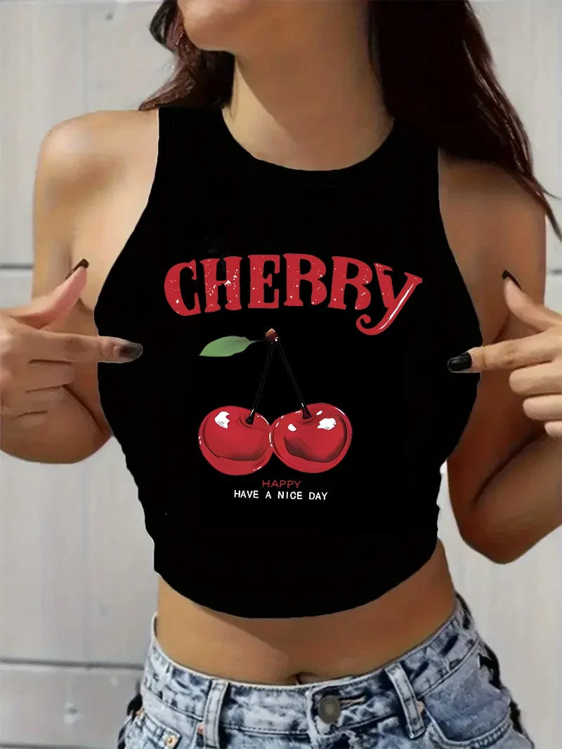 Vintage Happy Cherry Printed Crop Top Vest Women's Print Tank Top Round Neck Sleeveless Shirt Cropped T-shirt Sexy