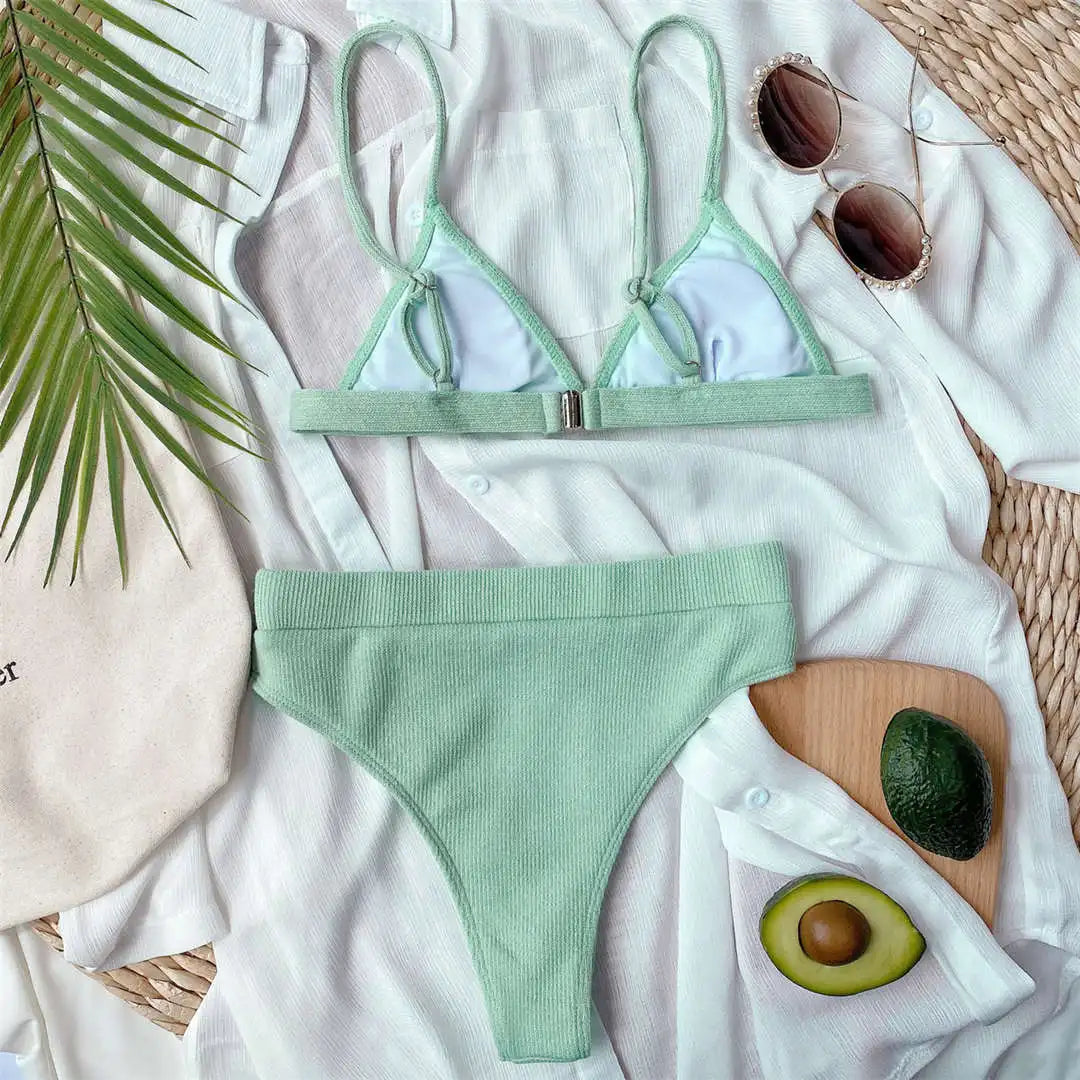 S - XL Sexy Female Swimsuit High Waist Bikini Women Swimwear Two-Pieces Bikini Set Ribbed Bather Bathing Suit Swim V2328