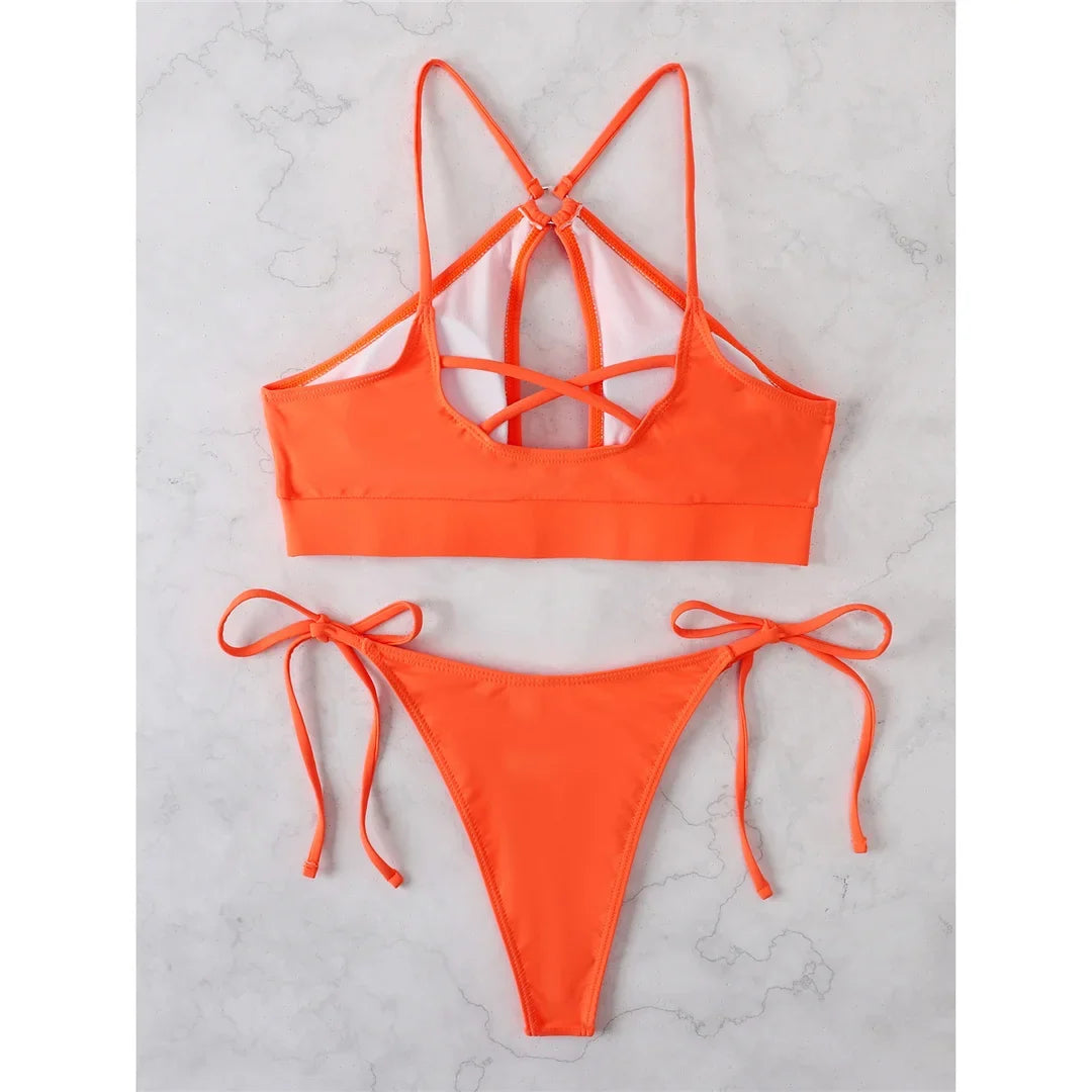 Cut Out Halter Bikini Female Swimsuit Women Swimwear Two-Pieces Bikini Set Padded Strappy Bather Bathing Suit Swim Lady V3423