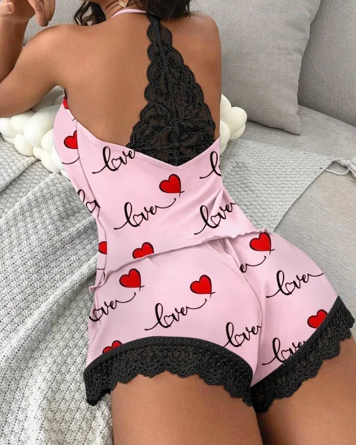 Summer Sleepwear Women's Casual 2 Pieces Pajamas Set Sleeveless V-Neck Heart Print Cami Tops and Shorts Set Loungewear