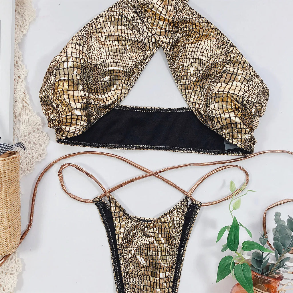 Bikini 2026 Sexy Bronzing Snakeskin Bandage Cross Halter Swimwear Swimsuit Women Bikinis Set Bathing Suit Beach Bikini Female