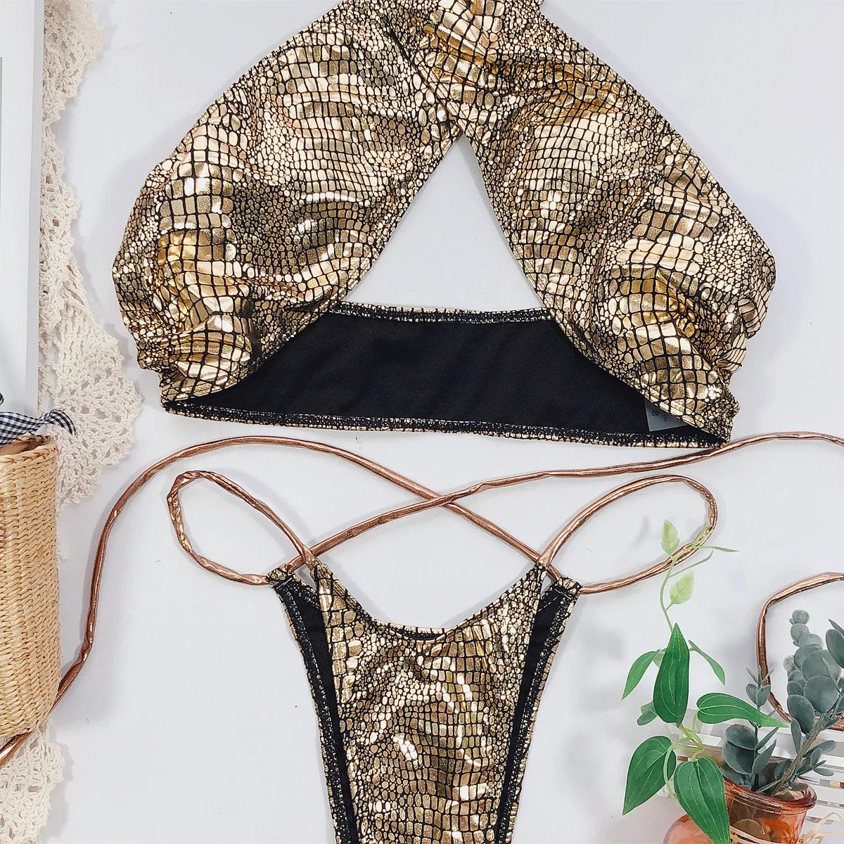 Bikini 2026 Sexy Bronzing Snakeskin Bandage Cross Halter Swimwear Swimsuit Women Bikinis Set Bathing Suit Beach Bikini Female