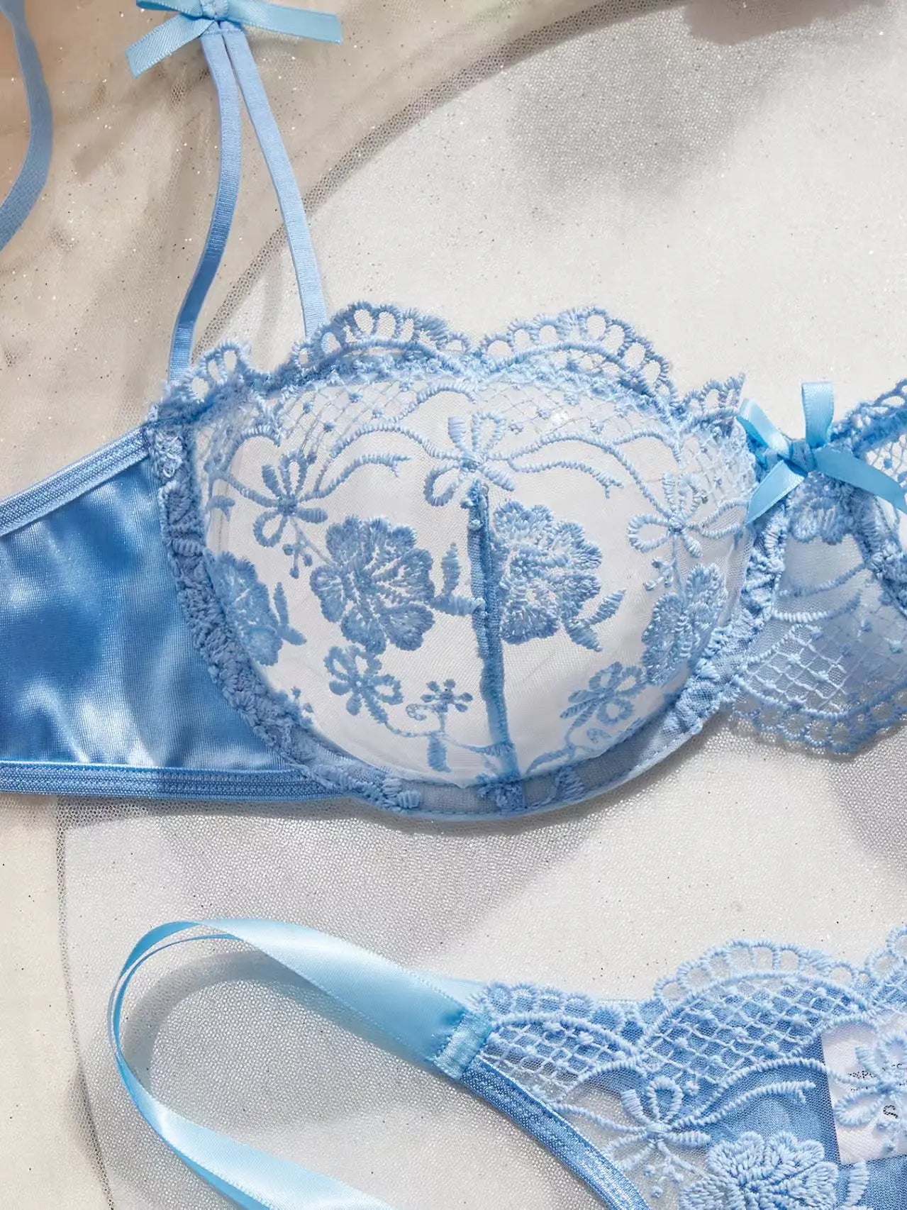 Lady Floral Embroidery Lingerie Set Women Sheer Bra and Brief Underwear Set Satin Sexy Intimates Underwear