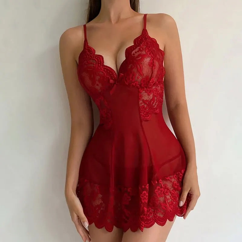 Sexy Lace Lingerie Set Short Nightdress Women Perspective Underwear Suspender Slim Dress Lolita Exotic Costume Sleepwear