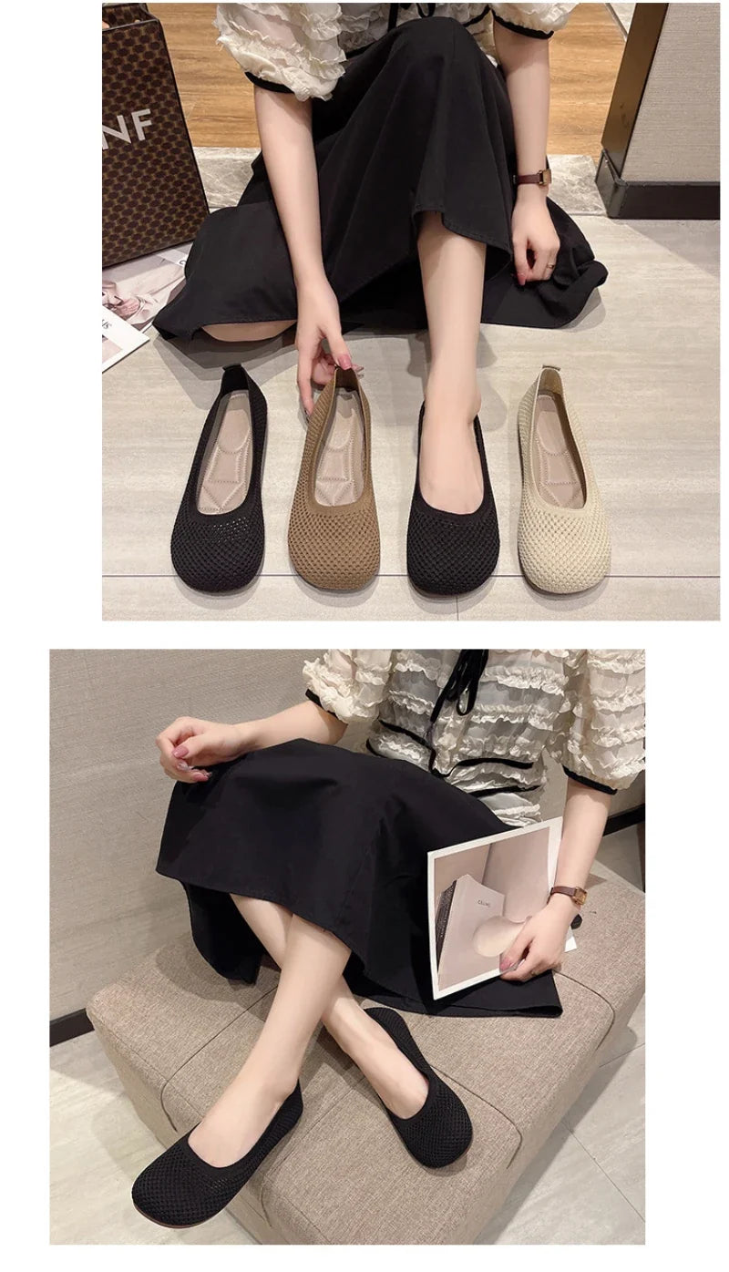 Big Size 42 Women Flats Knitted Breathable Sneakers Ladies Soft Bottom Ballet Loafers Casual Slip on Boat Shoe for Woman