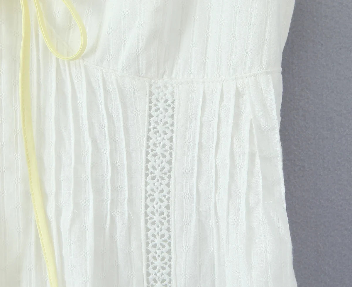 White Lace Dress Summer Women's Dress Bowknot Back Tie Up Short Beach Vestidos Female Sleeveless Mini Casual Cotton Dress 2025