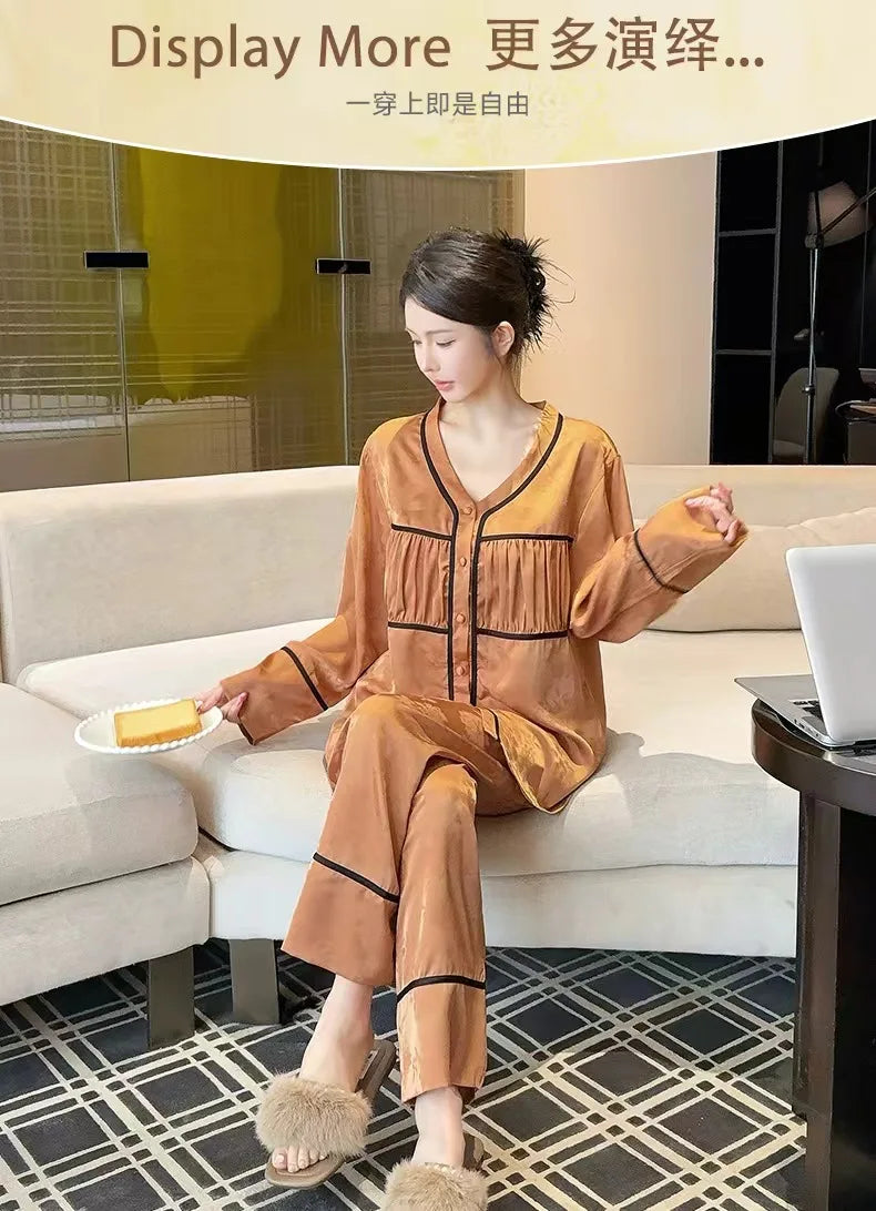 Spring and summer ice silk pajamas for women, sweet pajamas set, long sleeves and trousers, comfortable home clothes