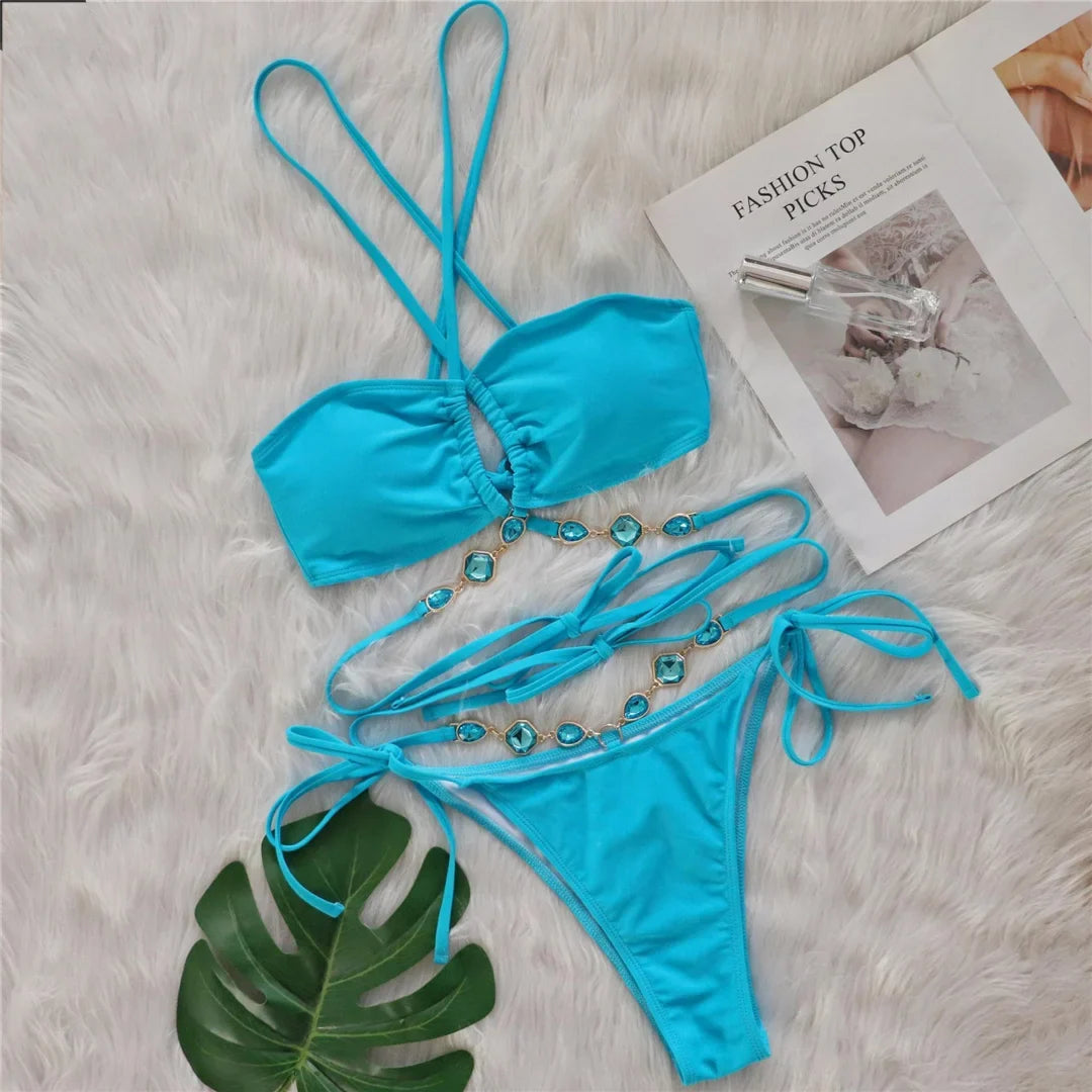 Sexy Diamond Rhinestones Wrap Around Bikini Female Swimsuit Women Swimwear Two-pieces Bikini Set Bather Bathing Suit Swim V5167