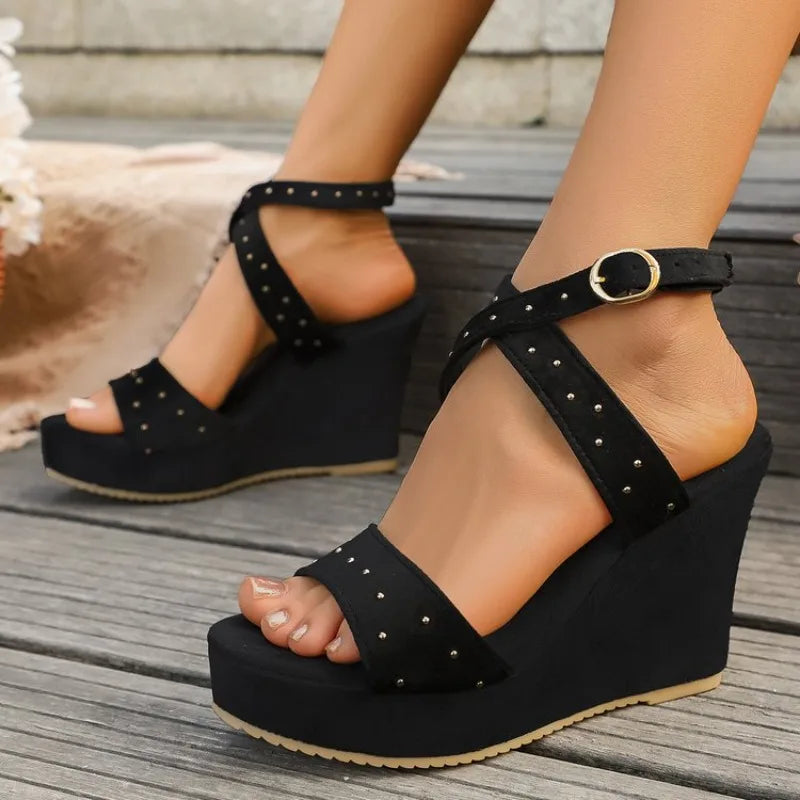 Black Super High Heels Sandals Women Flats Platform Sandals with Rivet Cow Leather Comfort Summer Shoes Casual Daily Dress AU31