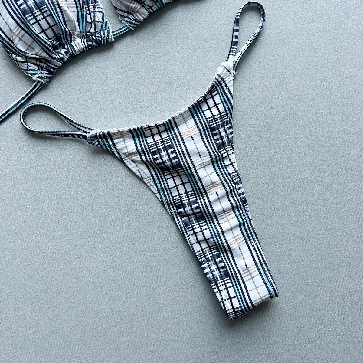 New 2026 Women's Micro Bikini Set Plaid Print Neck Lace-up Backless Biquini Beachwear Sexy Push Up Thong Low Waist  Bathing Suit
